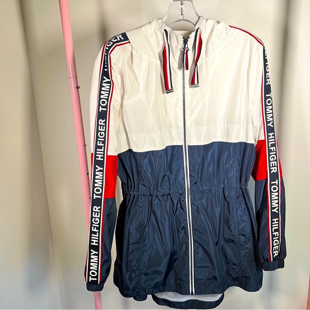 Tommy Hilfiger Full Zip Cinch Waist Windbreaker Track Rain Jacket SZ Medium EUC
